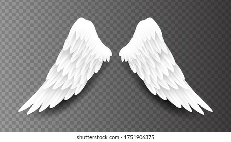 Pair of beautiful white angel wings isolated on transparent background, 3D realistic vector illustration. Spirituality and freedom concept