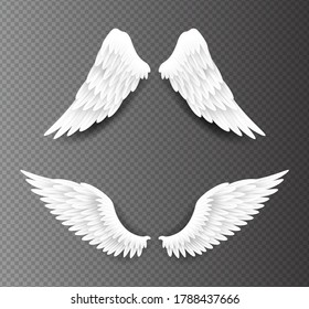 Pair of beautiful white angel wings isolated on transparent background, 3D realistic vector illustration. Spirituality and freedom concept