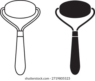 Pair of beauty massage tools featuring stone roller handle shown as both simple contour line drawing and dark filled shape perfect for spa or wellness illustration