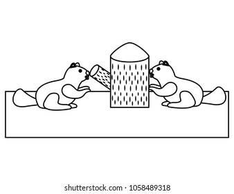 pair beavers cutting wood forest wild