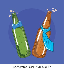 Pair of beer bottles with necktie and bowtie