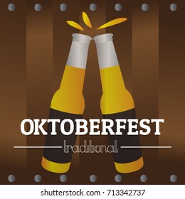 Pair of beer bottles on a wooden background, Oktoberfest vector illustration