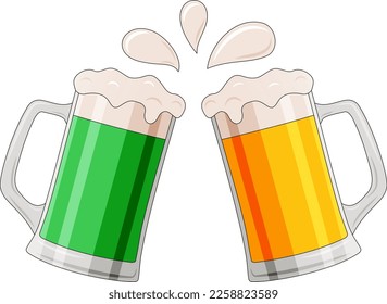 Pair of beer glasses making a toast, green and gold. St Patrick's day celebration