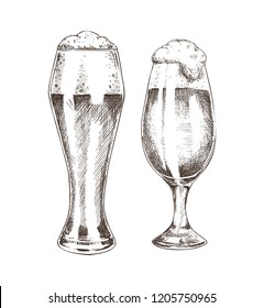 Pair of beer goblets with foamy ale graphic art, vector illustration of glassy kitchenware with alcohol drinks isolated on white backdrop, glasses set