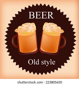 a pair of beer mugs with foam on a brown label
