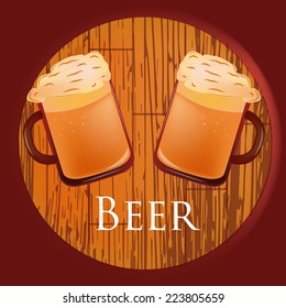 a pair of beer mugs with foam and a wooden barrel with text
