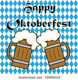 Pair of beer wooden mugs. Happy Oktoberfest. Vector illustration