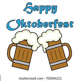 Pair of beer wooden mugs. Happy Oktoberfest. Vector illustration