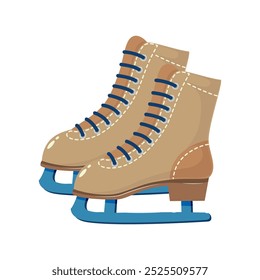 A pair of beige ice skates with blue laces and blades. This illustration is ideal for winter sports, ice skating, or cold season themes.