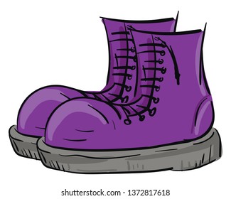 A pair big purple rain boots and lace  up detail   grey bottom vector color drawing illustration 