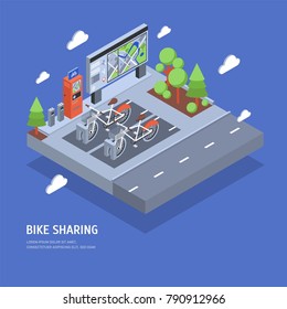 Pair of bikes parked at docking station on city street, payment terminal, stand with map, trees and road. Public bicycle sharing scheme or rental system. Colorful isometric vector illustration.