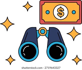 Um par de binóculos é mostrado próximo a uma nota de um dólar. Conceito de riqueza e a habilidade de ver as coisas de uma perspectiva diferente