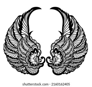 A pair of bird wings. Angel. Vector illustration for tattoo. Element for wood carving