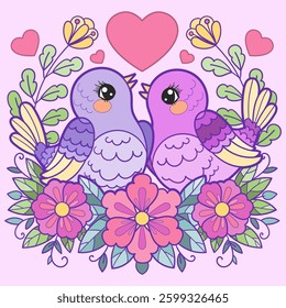 A pair of birds among flowers and leaves with a heart on a pink background. Flat design. For children's design of prints, posters, Valentine's Day cards, stickers, puzzles, etc. Vector illustration
