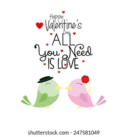 a pair of birds kissing each other and text with hearts for valentine's day