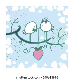 pair of birds on a branch on a background with white hearts