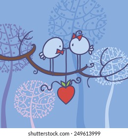 pair of birds on a branch on a background of silhouettes trees