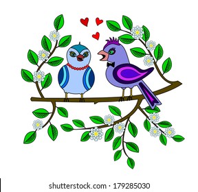 pair of birds sitting on a bloom tree branch 