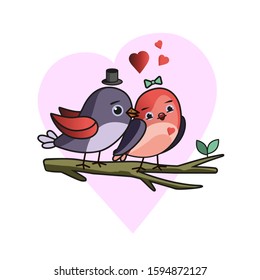 A pair of birds talking about love sitting side by side on a branch. Picture for Valentine's day cards. Vector image.