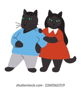 Pair of black cat and cat. Cat pet characters. Loving couple of cats, flat vector illustration, eps10