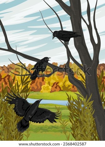 A pair of black crows are sitting on a branch of a tree. A meadow with a river and an autumn forest. Wild crow Corvus corax. Realistic vertical vector landscape