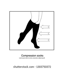 Pair of black female Compression fitness maternity nursing medical socks vector graphic illustration with 3 white arrows black and white infographics showing compression levels for listing icon eps10