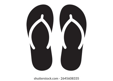 A pair of black flip flops with white straps on white background