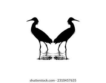 Pair of The Black Heron Bird (Egretta Ardesiaca), also known as the Black Egret Silhouette for Art Illustration, Logo, Pictogram, Website, or Graphic Design Element. Vector Illustration