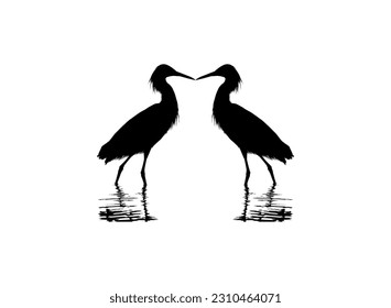 Pair of The Black Heron Bird (Egretta Ardesiaca), also known as the Black Egret Silhouette for Art Illustration, Logo, Pictogram, Website, or Graphic Design Element. Vector Illustration