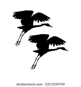 Pair of The Black Heron Bird (Egretta Ardesiaca), also known as the Black Egret Silhouette for Art Illustration, Logo, Pictogram, Website, or Graphic Design Element. Vector Illustration