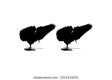 Pair of The Black Heron Bird (Egretta Ardesiaca), also known as the Black Egret Silhouette for Art Illustration, Logo, Pictogram, Website, or Graphic Design Element. Vector Illustration
