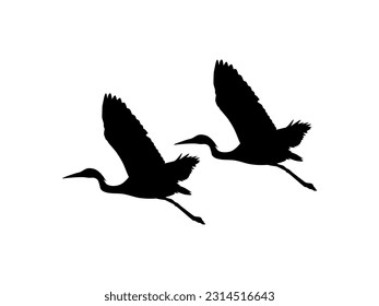 Pair of The Black Heron Bird (Egretta Ardesiaca), also known as the Black Egret Silhouette for Art Illustration, Logo, Pictogram, Website, or Graphic Design Element. Vector Illustration