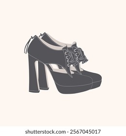 A pair of black high heeled shoes with lace-up closure and zip at the back.  Vector illustration in retro style.