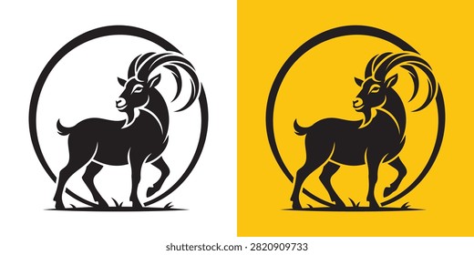 Pair of black ibex logo designs featuring a standing horned mountain goat inside a circular brushstroke frame on white and yellow backgrounds, ideal for wildlife branding, outdoor badges, apparel, stickers, and adventure graphics.