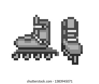 Pair of black inline roller skates, pixel art icon isolated on white background. Sport equipment. Retro 80s,90s video game graphics. Old school 8 bit slot machine symbol. Outdoor fitness activity.