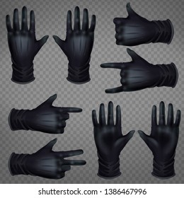 Pair of black leather gloves with seams top, back view, shoving thumbs up, victory, horns, shoot hand signs, pointing gesture, count on fingers realistic vector set isolated on transparent background