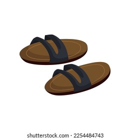 Pair of black male summer slippers on white background. Colorful summer sandals cartoon illustration. Footwear, fashion, recreation, shoes concept