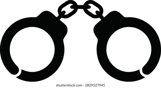 A pair of black metal handcuffs isolated on a white background. These shackles are a symbol of law enforcement, security, justice, and imprisonment.