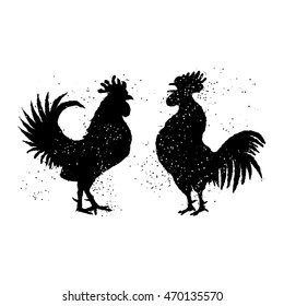 Pair of black roosters are looking at each other. Happy new year 2017 zodiac. 
