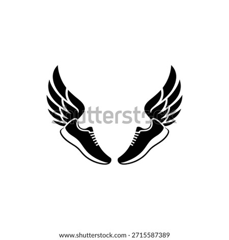 A pair of black running shoes adorned with feathered wings illustration