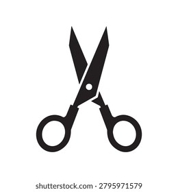 A pair of black scissors is shown open against a plain light background, featuring a white pivot point at the hinge and smooth, rounded handles. The sharp blades are angled outward, creating a sense o.