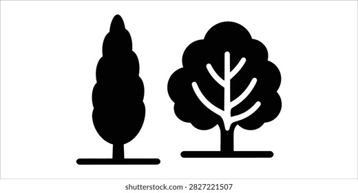 A pair of black silhouette icons showcasing a columnar evergreen tree and a broad leafy