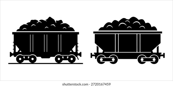 Par de Carritos negros de la mina de la silueta en los carriles, icono del Vector de los vagones del carbón, símbolo minero