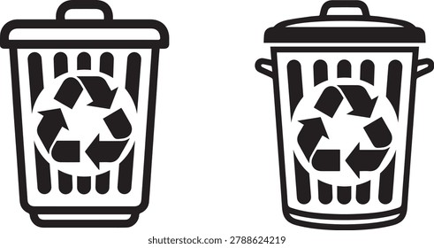 A pair of black trash cans featuring recycling symbols, presented as a vector silhouette illustration on a white background.