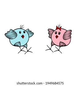 Pair of black Vector Easter pink and blue chicks jump on a white background