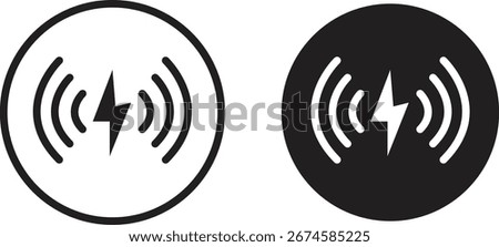 A pair of black and white circular icons depicting wireless charging or signal transmission with a central lightning bolt and radiating waves.