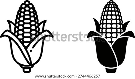 Pair of black and white corn cob icons, one outlined and one filled, representing fresh ears of corn on the cob.
