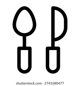A pair of black and white dining icons featuring a spoon on the left and a knife on the right. The knife has a rounded blade and a rectangular handle, presented in a clean line art style suitable for restaurant and kitchen themes.
