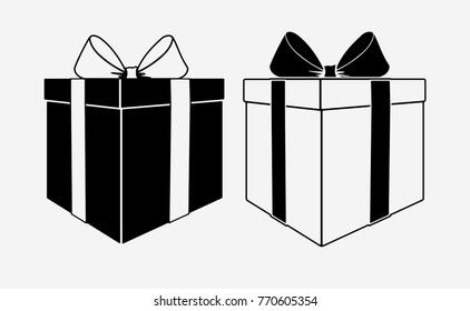 Pair of black and white gift boxes icons with bows, vector illustration.