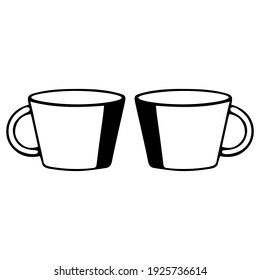 A pair of Black and white hand drawing outline vector illustration of a cup for hot tea or coffee isolated on a white background